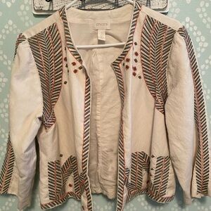 Chicos size 2 Jacket Embellished Artisan Pattern Chino Aztec Navajo Blazer